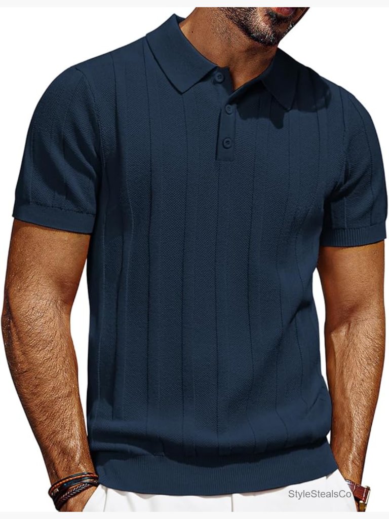 Men's Short Sleeve Textured Knit Polo Shirt Regular Fit Casual Golf